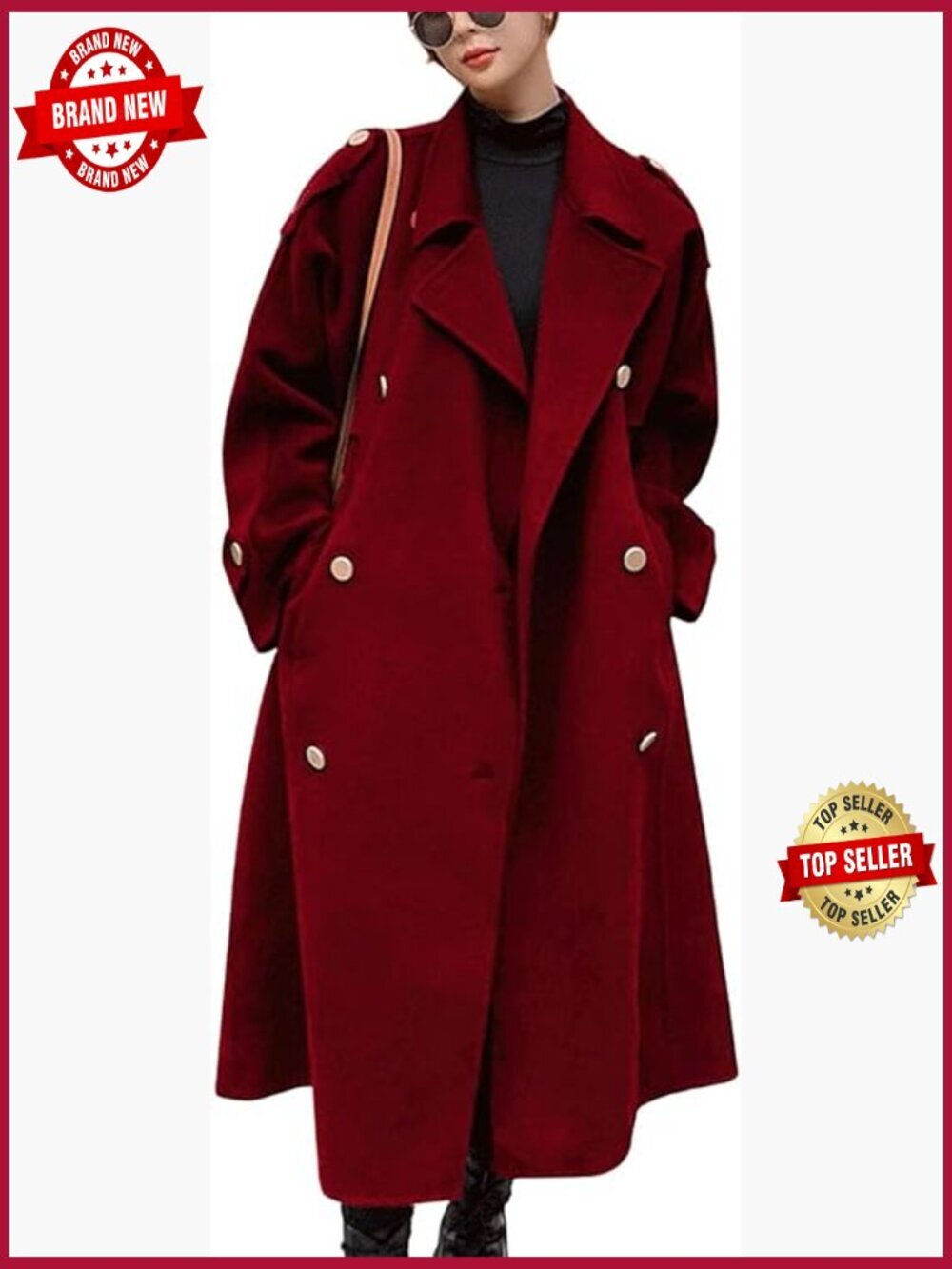 Women’s Double Breasted Midi Wool Pea Coat with Belt